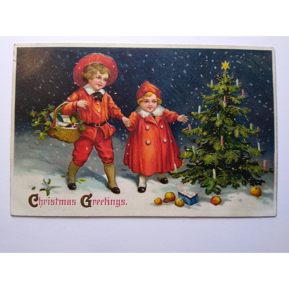 1914 Christmas Greetings Postcard Children Snowy Tree Embossed Germany
